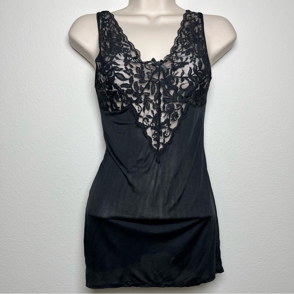VTG Women 100% SILK Cami Tunic Top Black‎ Whymsigoth Fairy Grunge Dark Coquette